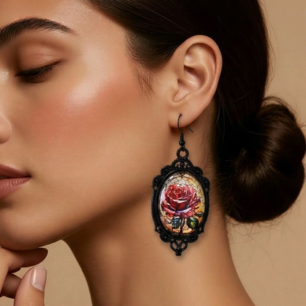 Red Rose Stained Glass Drop Earrings Vintage Black Frame Gothic Victorian Floral